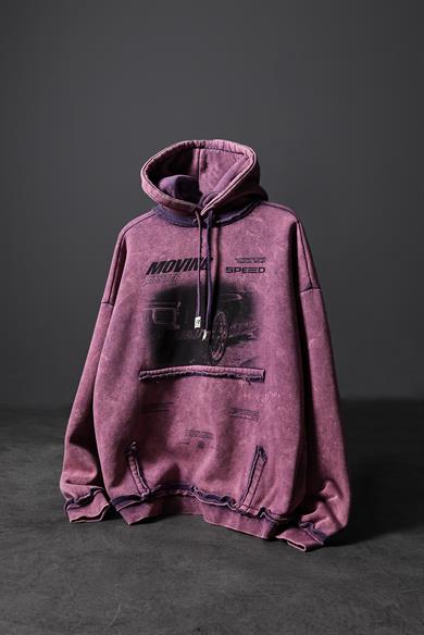 Erkek Mor Moving Faster Özel Yıkamalı Oversize Kapüşonlu Sweatshirt