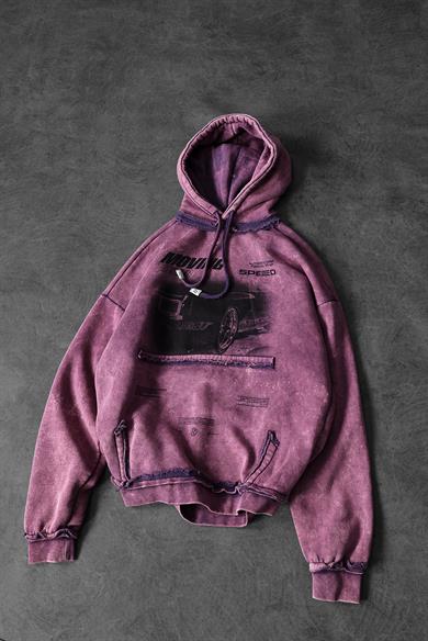 Erkek Mor Moving Faster Özel Yıkamalı Oversize Kapüşonlu Sweatshirt