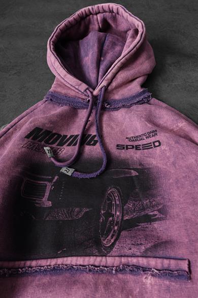 Erkek Mor Moving Faster Özel Yıkamalı Oversize Kapüşonlu Sweatshirt