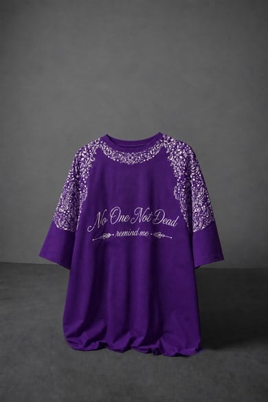 Erkek Mor No One Not Dead Baskılı Oversize Tshirt