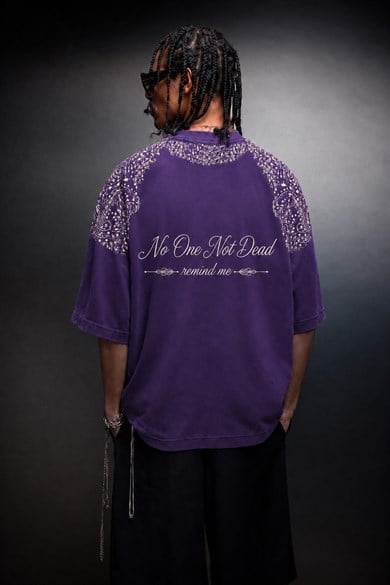 Erkek Mor No One Not Dead Baskılı Oversize Tshirt