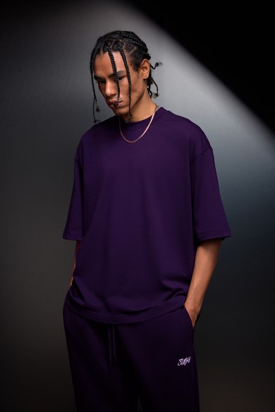 Erkek Mor Oversize Basic Tshirt