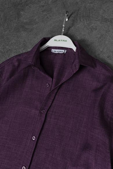 Erkek Mor Oversize Sofia İnce Keten Gömlek