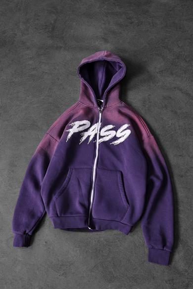 Erkek Mor Pass Full Zip Özel Yıkamalı Oversize Kapüşonlu Sweatshirt