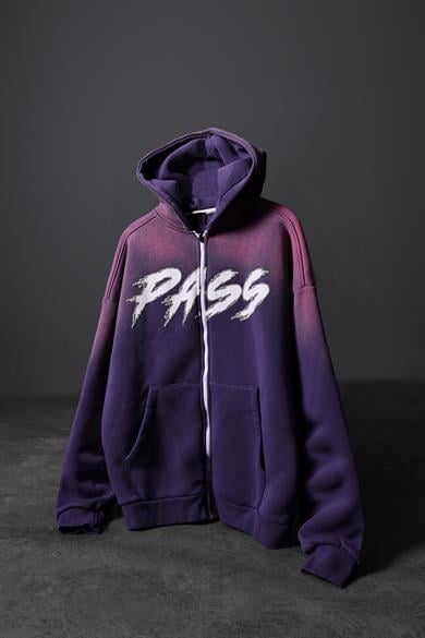 Erkek Mor Pass Full Zip Özel Yıkamalı Oversize Kapüşonlu Sweatshirt