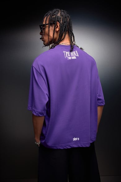 Erkek Mor Time Heals Baskılı Oversize Tshirt