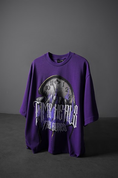 Erkek Mor Time Heals Baskılı Oversize Tshirt