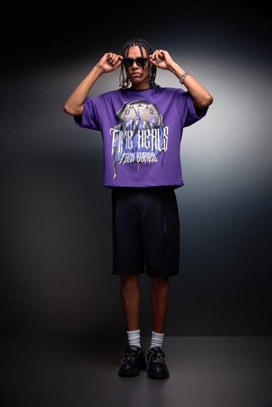 Erkek Mor Time Heals Baskılı Oversize Tshirt
