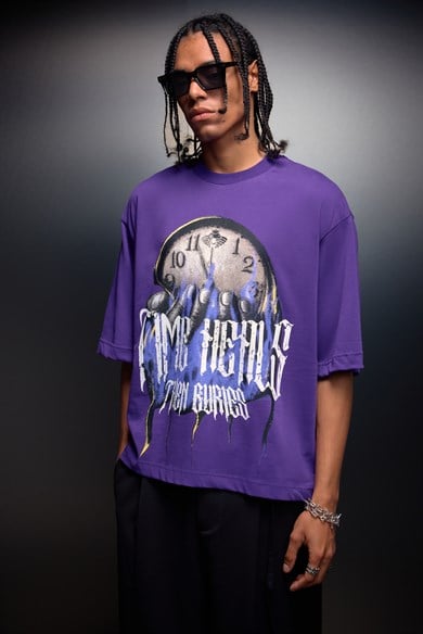 Erkek Mor Time Heals Baskılı Oversize Tshirt