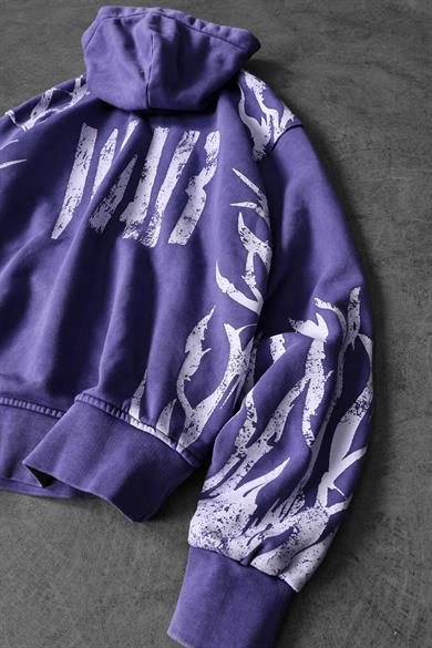 Erkek Mor War Özel Yıkamalı Oversize Kapüşonlu Sweatshirt