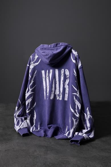 Erkek Mor War Özel Yıkamalı Oversize Kapüşonlu Sweatshirt