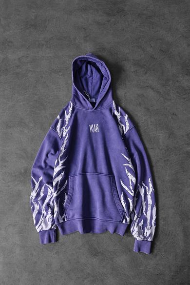 Erkek Mor War Özel Yıkamalı Oversize Kapüşonlu Sweatshirt