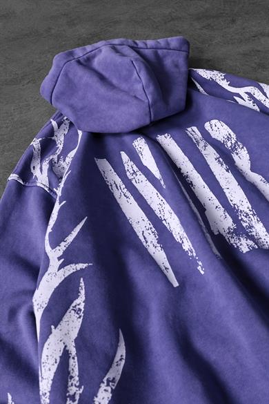 Erkek Mor War Özel Yıkamalı Oversize Kapüşonlu Sweatshirt