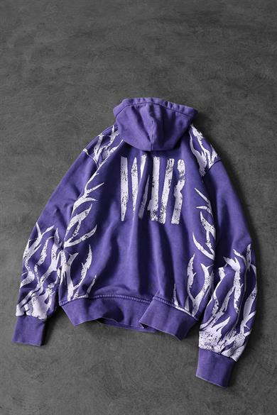 Erkek Mor War Özel Yıkamalı Oversize Kapüşonlu Sweatshirt