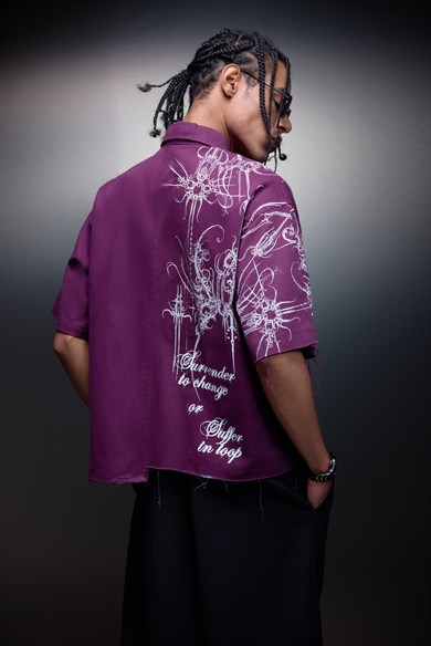 Erkek Mürdüm Asimetrik Kesimli Kısa Kol Box Fit Gömlek