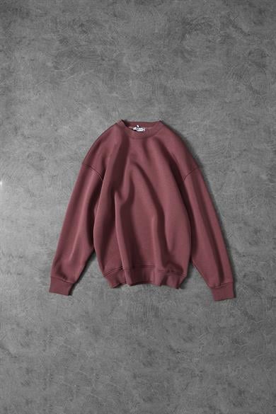 Erkek Mürdüm Basic Bisiklet Yaka Oversize Sweatshirt