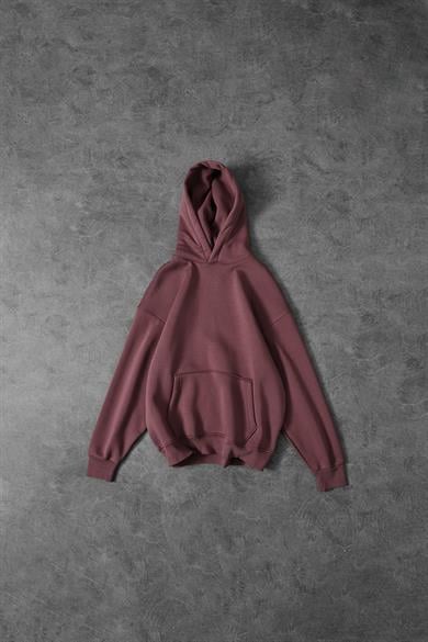 Erkek Mürdüm Basic Kapüşonlu Oversize Sweatshirt
