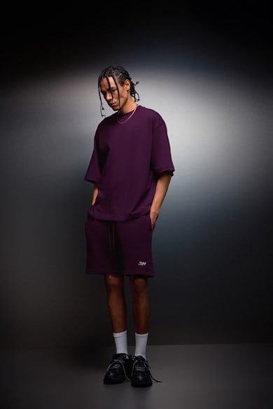 Erkek Mürdüm Basic Nakışlı Diz Üstü Şort