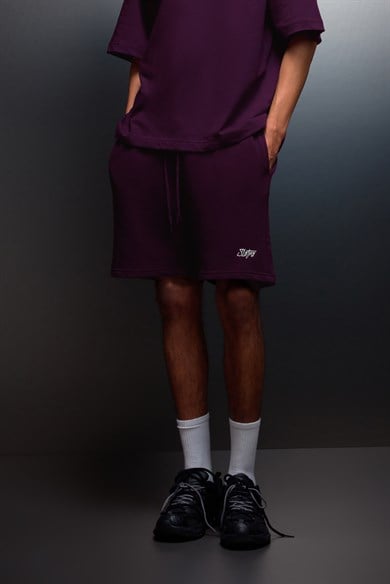 Erkek Mürdüm Basic Nakışlı Diz Üstü Şort