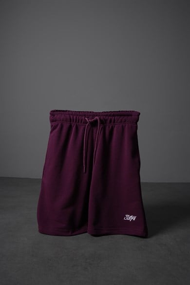 Erkek Mürdüm Basic Nakışlı Diz Üstü Şort