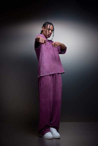 Erkek Mürdüm Basic Yıkama Efektli Baggy Eşofman