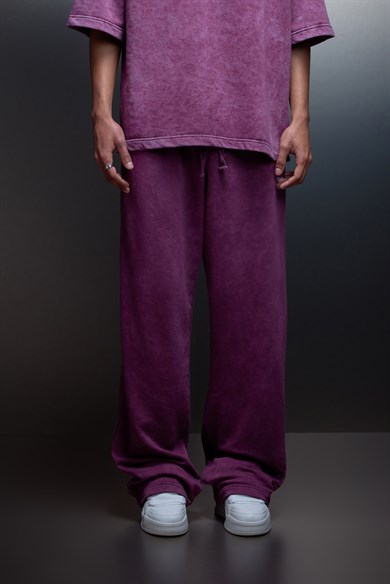 Erkek Mürdüm Basic Yıkama Efektli Baggy Eşofman