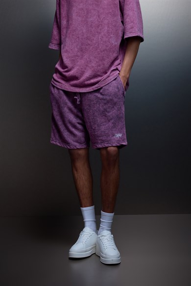 Erkek Mürdüm Basic Yıkama Efektli Diz Üstü Şort