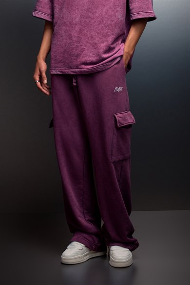 Erkek Mürdüm Basic Yıkama Efektli Kargo Cepli Baggy Eşofman