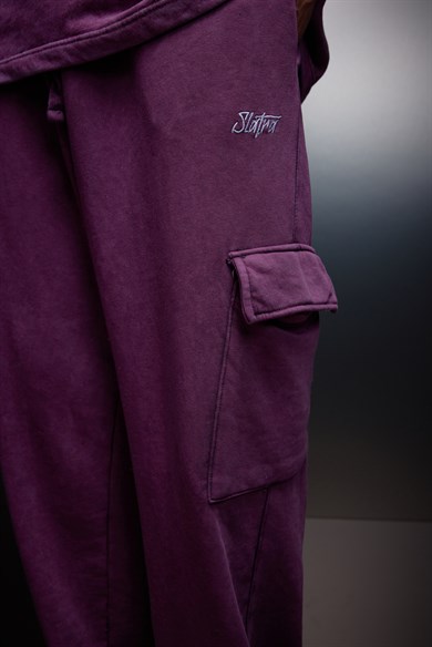 Erkek Mürdüm Basic Yıkama Efektli Kargo Cepli Baggy Eşofman