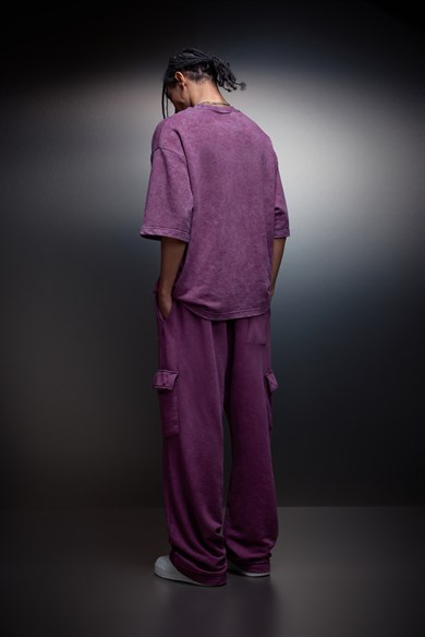 Erkek Mürdüm Basic Yıkama Efektli Kargo Cepli Baggy Eşofman