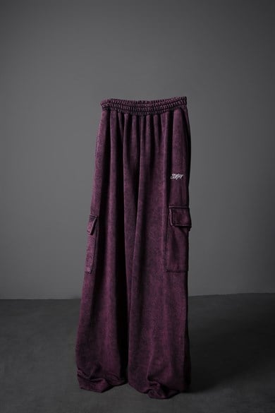 Erkek Mürdüm Basic Yıkama Efektli Kargo Cepli Baggy Eşofman