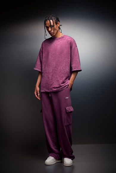 Erkek Mürdüm Basic Yıkama Efektli Kargo Cepli Baggy Eşofman