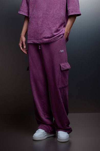 Erkek Mürdüm Basic Yıkama Efektli Kargo Cepli Baggy Eşofman