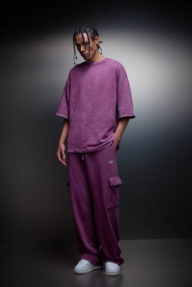 Erkek Mürdüm Basic Yıkama Efektli Kargo Cepli Baggy Eşofman