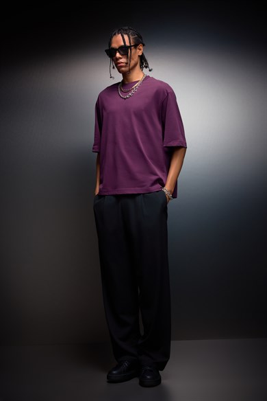 Erkek Mürdüm Boxy Fit Basic Tshirt