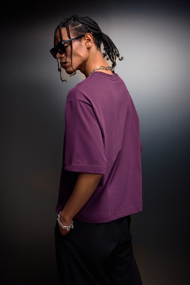 Erkek Mürdüm Boxy Fit Basic Tshirt