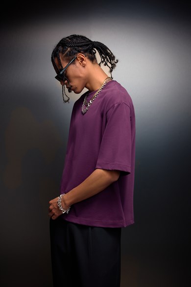 Erkek Mürdüm Boxy Fit Basic Tshirt