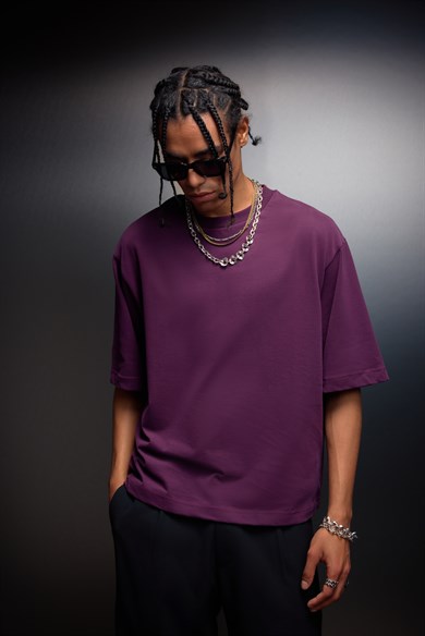 Erkek Mürdüm Boxy Fit Basic Tshirt