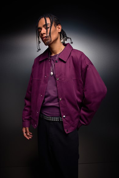 Erkek Mürdüm Boxy Fit Gabardin Ceket