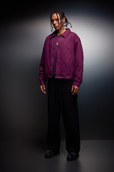 Erkek Mürdüm Boxy Fit Gabardin Ceket