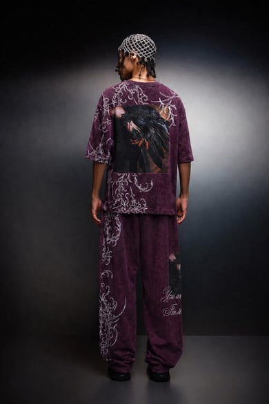 Erkek Mürdüm Crow Patch Oversize Yıkama Efektli Tshirt