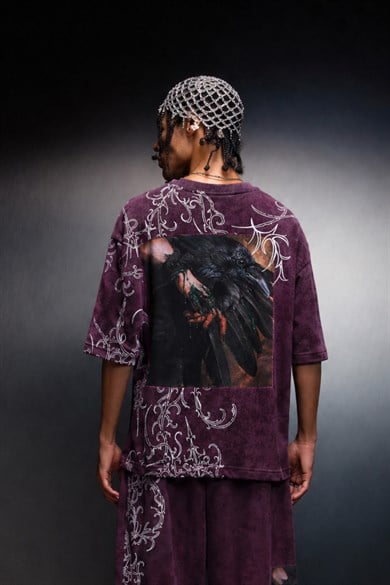 Erkek Mürdüm Crow Patch Oversize Yıkama Efektli Tshirt