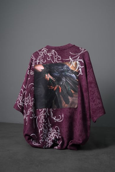 Erkek Mürdüm Crow Patch Oversize Yıkama Efektli Tshirt