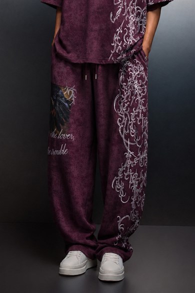 Erkek Mürdüm Crow Patch Yıkama Efektli Baggy Eşofman