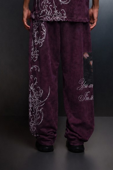 Erkek Mürdüm Crow Patch Yıkama Efektli Baggy Eşofman