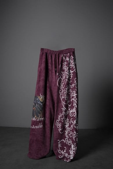 Erkek Mürdüm Crow Patch Yıkama Efektli Baggy Eşofman