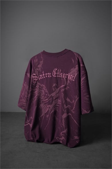 Erkek Mürdüm Ethereal Nakış Oversize Tshirt