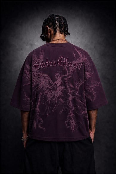 Erkek Mürdüm Ethereal Nakış Oversize Tshirt