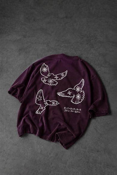 Erkek Mürdüm Heavy Kabartma Baskı Oversize Tshirt