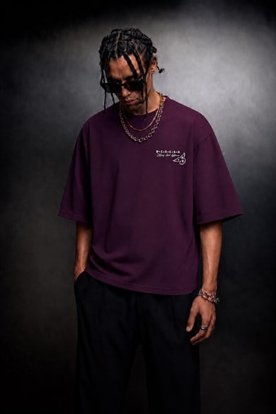 Erkek Mürdüm Heavy Kabartma Baskı Oversize Tshirt